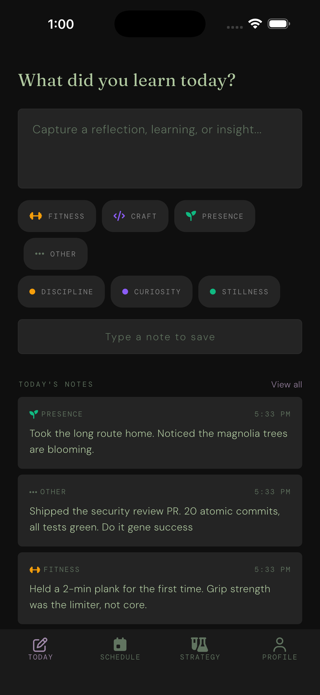 Screenshot of more.me's Today view with daily reflections tagged to pillars and traits.